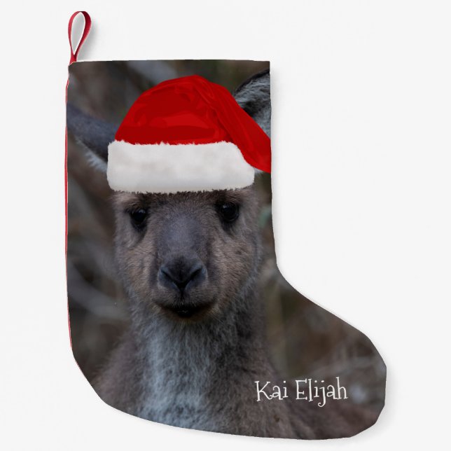 Calcetín Navideño Pequeño Animal de Kangaroo Australia Red Santa Hat (Anverso)