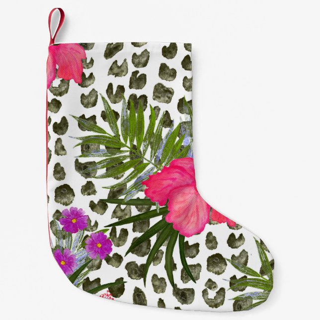 Calcetín Navideño Pequeño Animal Hibiscus: Patrón acuarela sin foco. (Anverso)