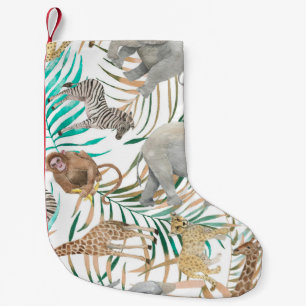 Calcetín Navideño Pequeño Animales exóticos: Patrón de verano acuarela.