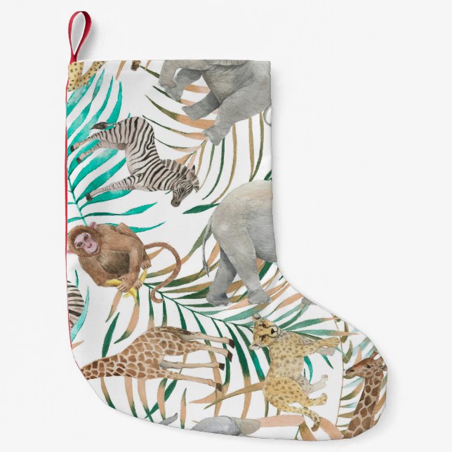 Calcetín Navideño Pequeño Animales exóticos: Patrón de verano acuarela. (Anverso)