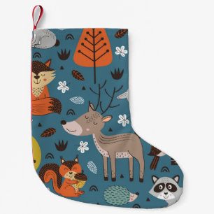 Calcetín Navideño Pequeño Animales forestales, azul, estilo escandinavo