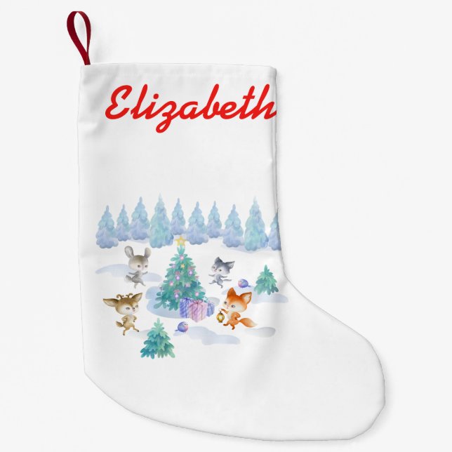 Calcetín Navideño Pequeño Animales forestales bailando alrededor del árbol d (Anverso)