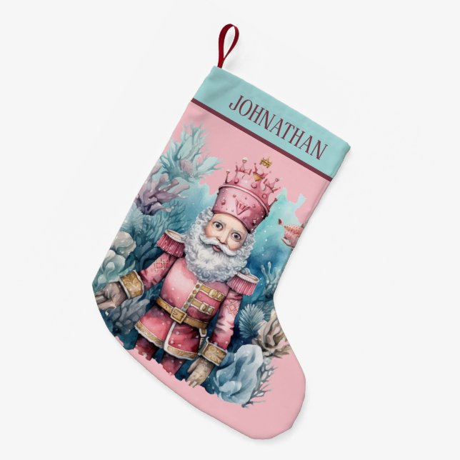 Calcetín Navideño Pequeño Apellido rosa nutcracker agregar nombre (Frente (Colgado))