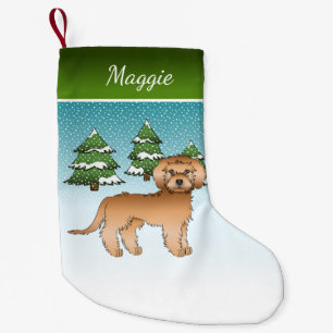 Calcetín Navideño Pequeño Apricot Mini Goldendoodle - Bosque y nombre de inv