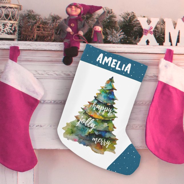 Calcetín Navideño Pequeño Árbol de Navidad acuarela Merry Jolly Feliz Azul (Subido por el creador)
