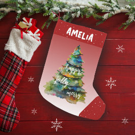 Calcetín Navideño Pequeño Árbol de Navidad acuarela Merry Jolly Feliz Rojo