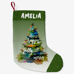 Calcetín Navideño Pequeño Árbol de Navidad acuarela Merry Jolly Feliz Verde