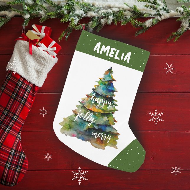 Calcetín Navideño Pequeño Árbol de Navidad acuarela Merry Jolly Happy (Subido por el creador)