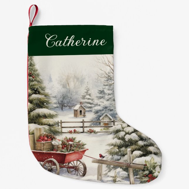 Calcetín Navideño Pequeño Árbol de navidad de acuarela rusa personalizado (Anverso)