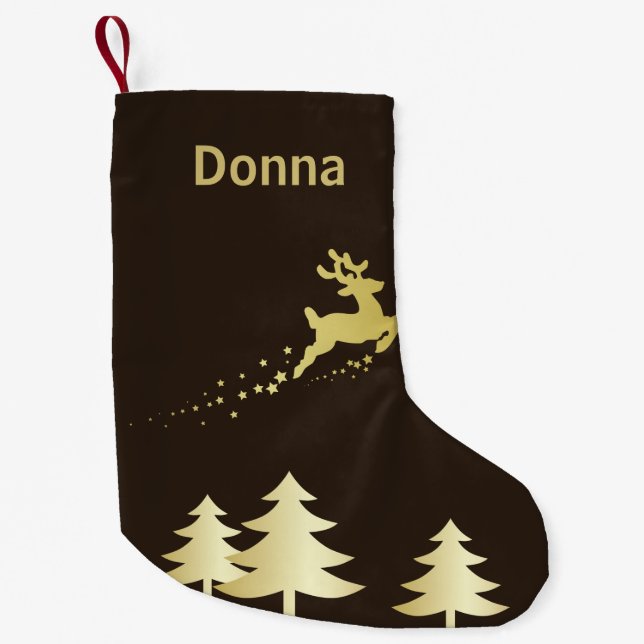 Calcetín Navideño Pequeño Árbol de navidad de oro con el reno (Anverso)