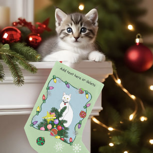 Calcetín Navideño Pequeño Árbol de Navidad Gato Blanco Divertido