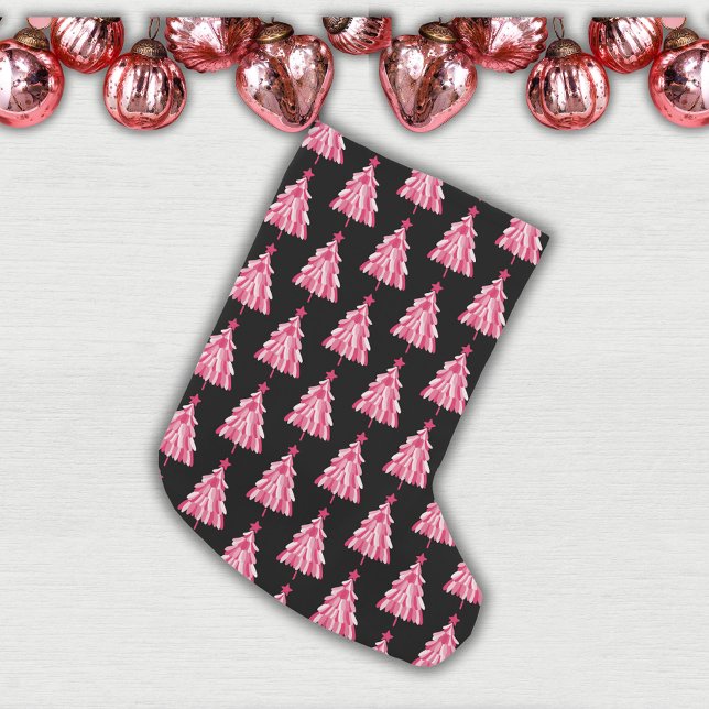 Calcetín Navideño Pequeño Árbol de Navidad moderno de madera negra y rosa (Modern pink and black Christmas tree woodland forest pattern Christmas Stocking)