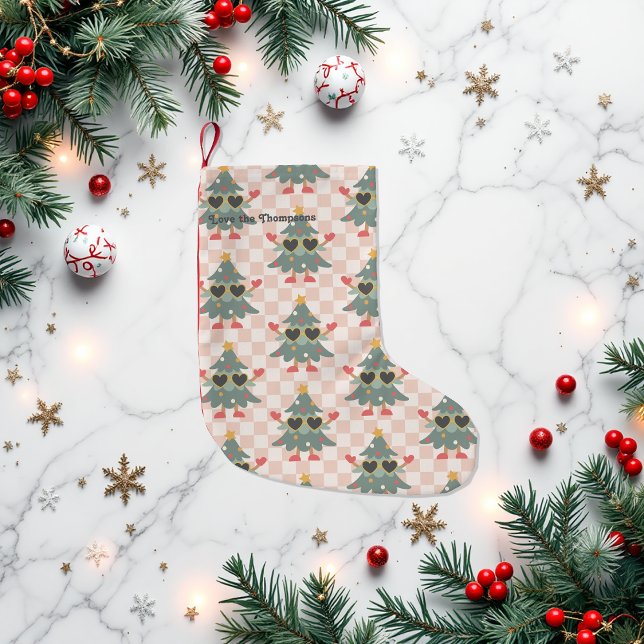 Calcetín Navideño Pequeño Árbol de Navidad Retro Gingham personalizado (Retro Gingham Christmas Tree Personalized Small Christmas Stocking)