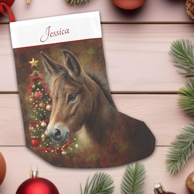 Calcetín Navideño Pequeño Árbol navideño de la Navidad de la Mula Personaliz (Mule Holiday Christmas Tree Animal Personalized Small Christmas Stocking)