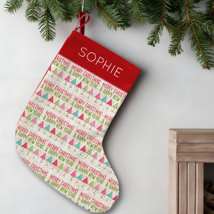 Calcetín Navideño Pequeño Árboles de Navidad de Lino – Diseño Rojo Verde