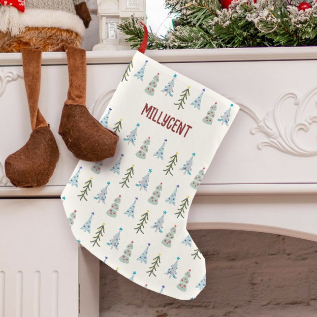 Calcetín Navideño Pequeño Árboles de Navidad dibujados a mano (Custom Scandinavian Christmas stocking with Christmas trees and your name)