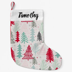 Calcetín Navideño Pequeño Árboles de Navidad dibujados a mano Evergreen Pine