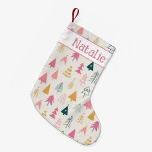 Calcetín Navideño Pequeño Árboles de Navidad Lindos Patrón Rosa Sonrojado No