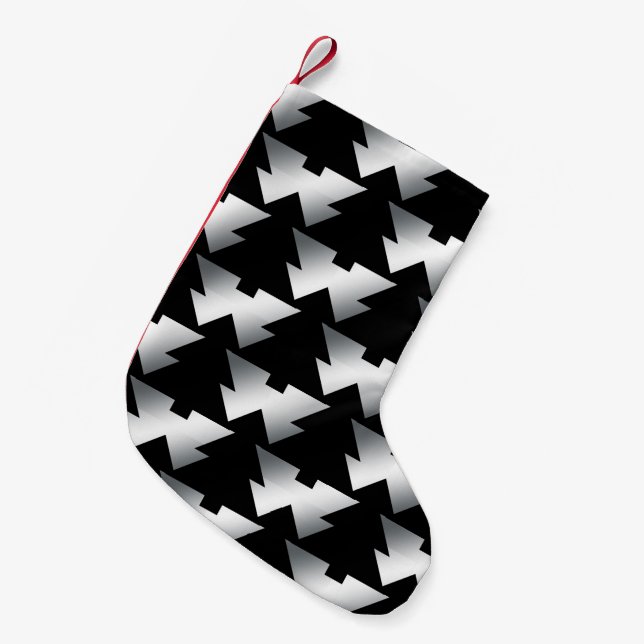 Calcetín Navideño Pequeño Árboles de Navidad negros en plata (Frente (Colgado))