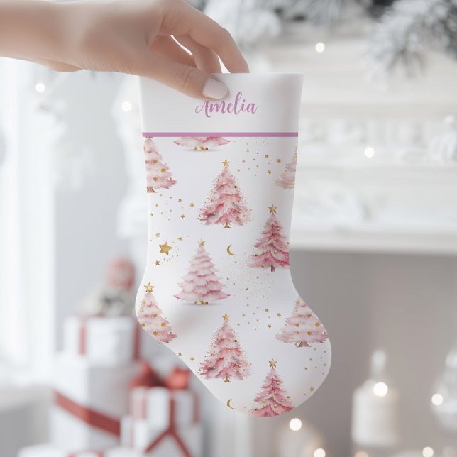 Calcetín Navideño Pequeño Árboles de Navidad rosados (Pink Christmas Trees Stocking)