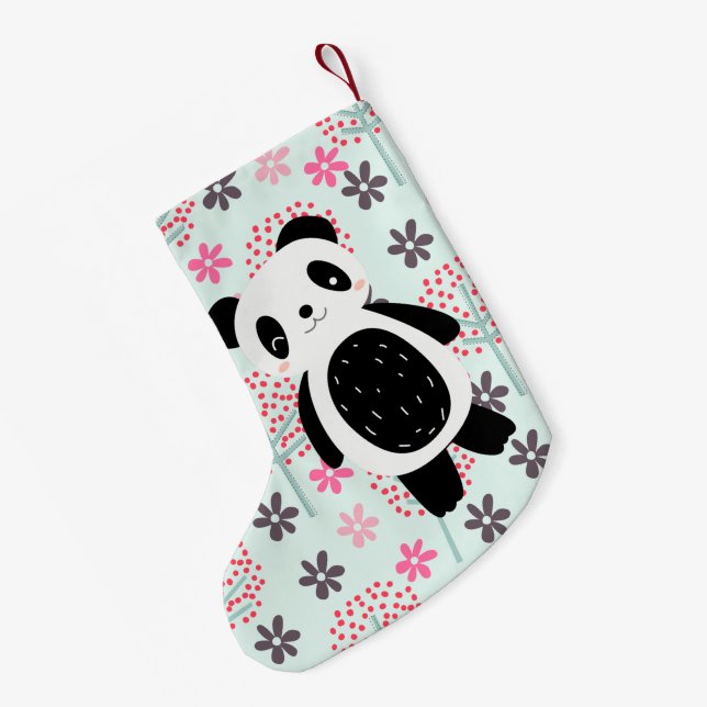 Calcetín Navideño Pequeño Árboles, flores, y osos de panda (Anverso (colgado))