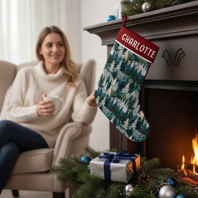 Calcetín Navideño Pequeño Árboles navideños bordados en bosques personalizad (Subido por el creador)