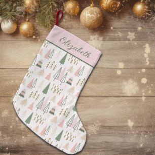 Calcetín Navideño Pequeño Árboles Nórdicos Nombre Hygge Scandi Rosa Y Verde