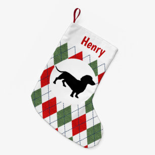 Calcetín Navideño Pequeño Argyle rojo y verde del Dachshund personalizado