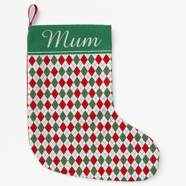 Calcetín Navideño Pequeño Argyle verde y rojo (Anverso)
