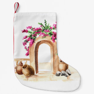 Calcetín Navideño Pequeño arquitectura mediterránea, flores, acuarela, h