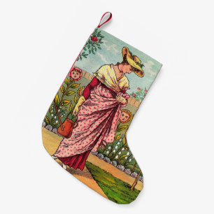 Calcetín Navideño Pequeño Arte Antiguo Mujer Flor Creciente Jardín