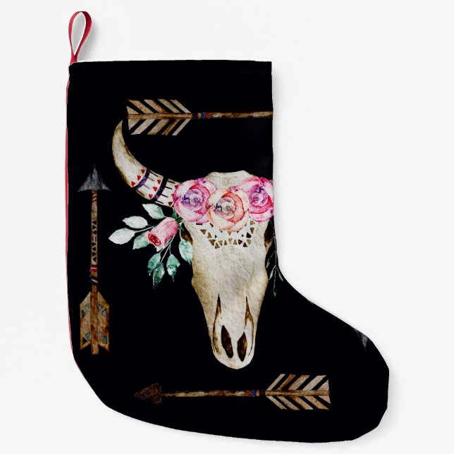 Calcetín Navideño Pequeño Arte de acuarela de cráneo de ciervo bohemio (Anverso)