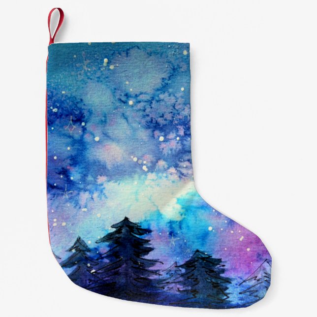 Calcetín Navideño Pequeño Arte del espacio acuático: Árboles de cielo noctur (Anverso)