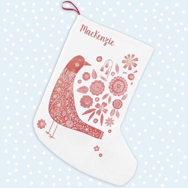 Calcetín Navideño Pequeño Arte folklórico personalizado (Nordic Bird Scandinavian style personalized name Christmas stocking in red and white)