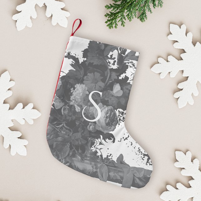 Calcetín Navideño Pequeño Artista floral blanco y negro personalizado (Subido por el creador)