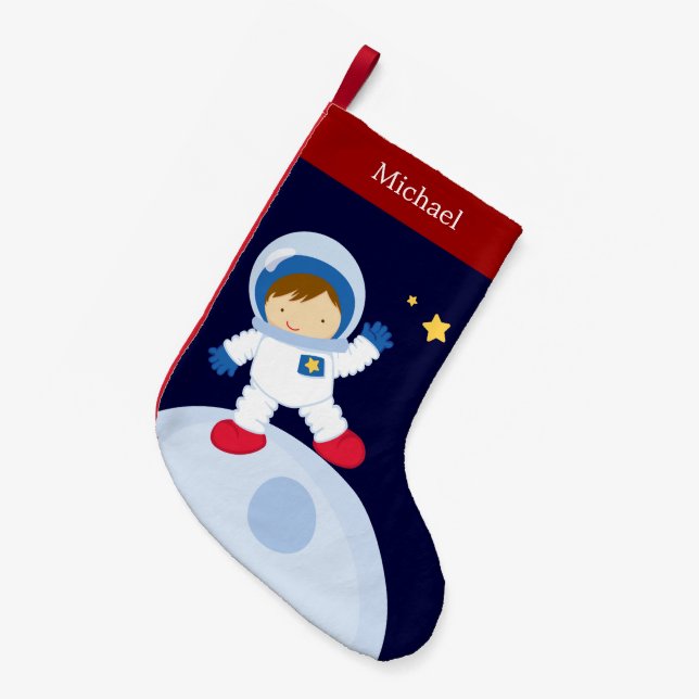 Calcetín Navideño Pequeño Astronauta chico personalizado (Frente (Colgado))
