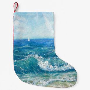 Calcetín Navideño Pequeño Ataque de verano, olas azules, pintura acrílica.
