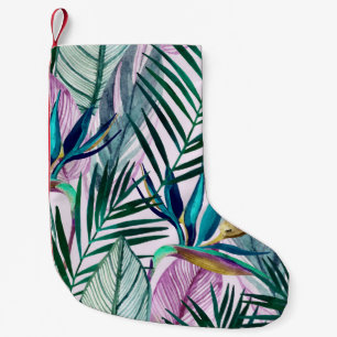 Calcetín Navideño Pequeño Ave del paraíso tropical, patrón acuático