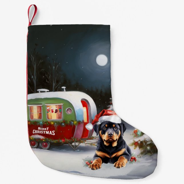 Calcetín Navideño Pequeño Aventura de Navidades de Caravana de Winter Rottwe (Anverso)