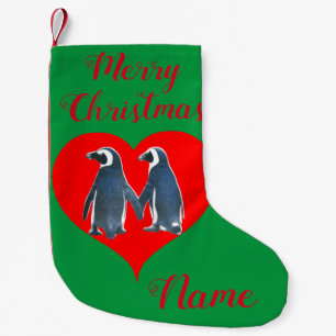 Calcetín Navideño Pequeño Aves amorosas Pingüino Pareja Corazón Rojo Thunder