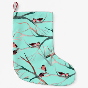 Calcetín Navideño Pequeño Aves en las ramas de los árboles acuarela pintadas