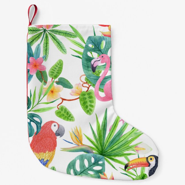 Calcetín Navideño Pequeño Aves exóticas, acuarela de selva tropical sin cost (Anverso)