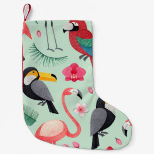 Calcetín Navideño Pequeño Aves tropicales, flores, acuarela.