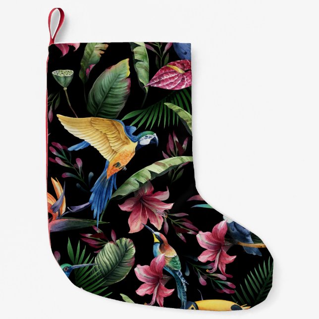 Calcetín Navideño Pequeño Aves tropicales, flores: patrón de acuarela. (Anverso)
