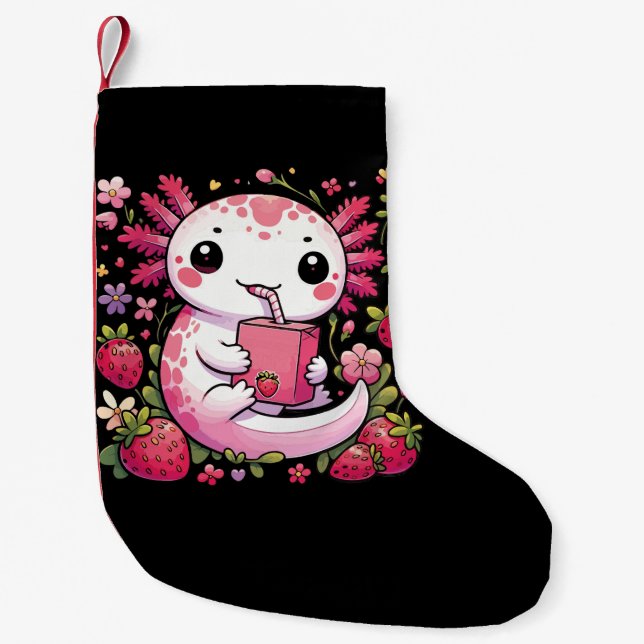 Calcetín Navideño Pequeño Axolotl Bebe Fresa Japonesa (Anverso)