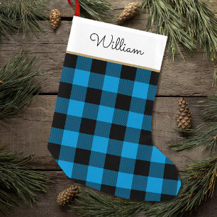 Calcetín Navideño Pequeño Azul Buffalo Plaid Custom Name Rustic