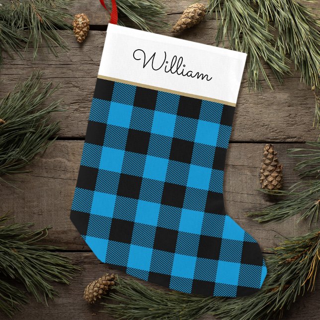 Calcetín Navideño Pequeño Azul Buffalo Plaid Custom Name Rustic (Subido por el creador)