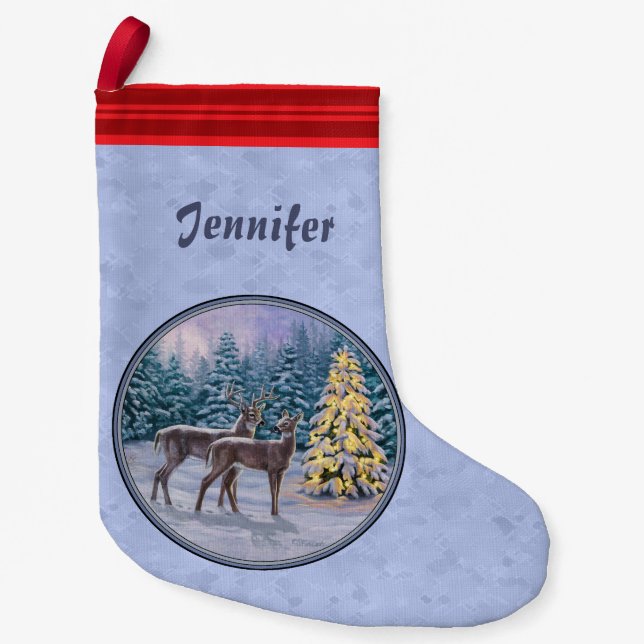 Calcetín Navideño Pequeño Azul invernal de ciervo y árbol de Navidad (Anverso)