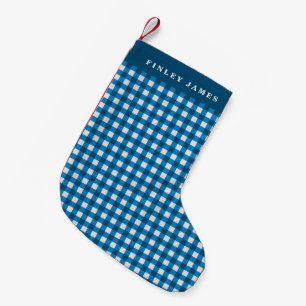 Calcetín Navideño Pequeño Azul Vintage y Blanco Cuadro Gingham Personalizado