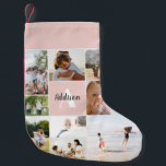 Calcetín Navideño Pequeño Baby Girl Rubor Pink Modern Collage de fotos<br><div class="desc">Este elegante y moderno collage de fotos de Navidades de bebé de sexo femenino incluye un espacio para que agregues tus propias fotos, y añades un nombre y una inicial. Este moderno y sencillo diseño de fotomontaje rosa de color rosa es el regalo perfecto para la primera Navidad de su...</div>